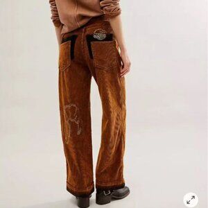 Free People Mundaka Studded Embellished Corduroy Brown Wide Leg Pants Small NWOT